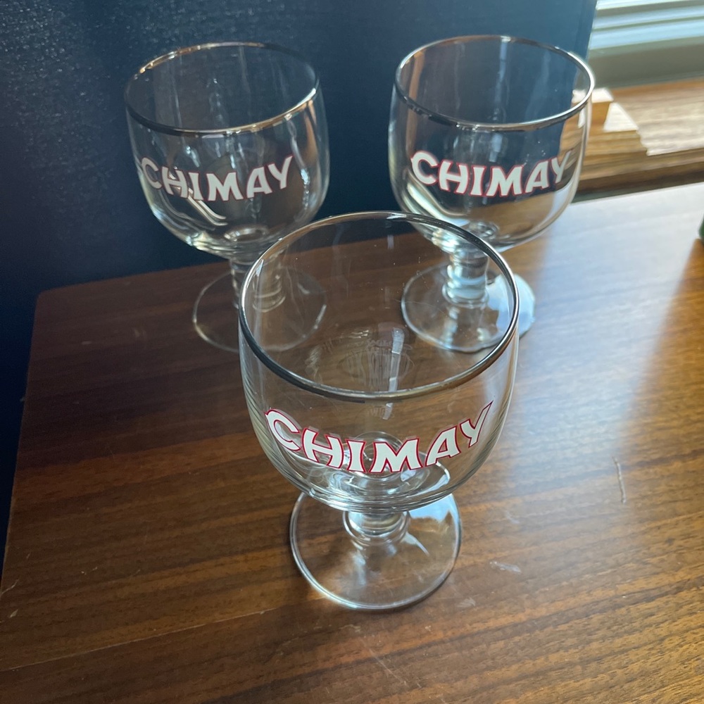 Set (3) CHIMAY 6" Round Stemmed Goblets SilverRm Promo Logo Beer Pint Glass Bar